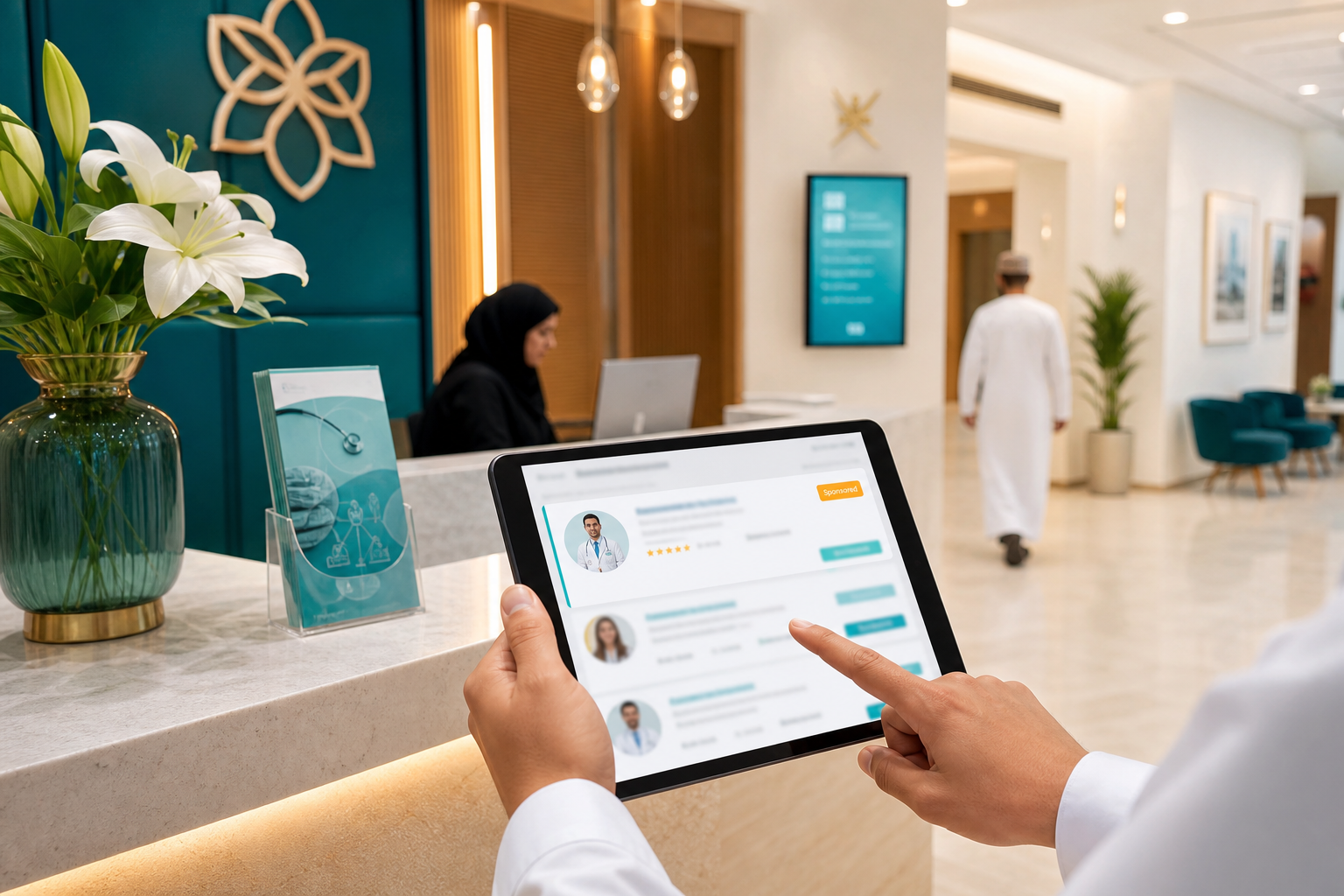 Clinic reception with a sponsored healthcare listing clearly labelled on a tablet