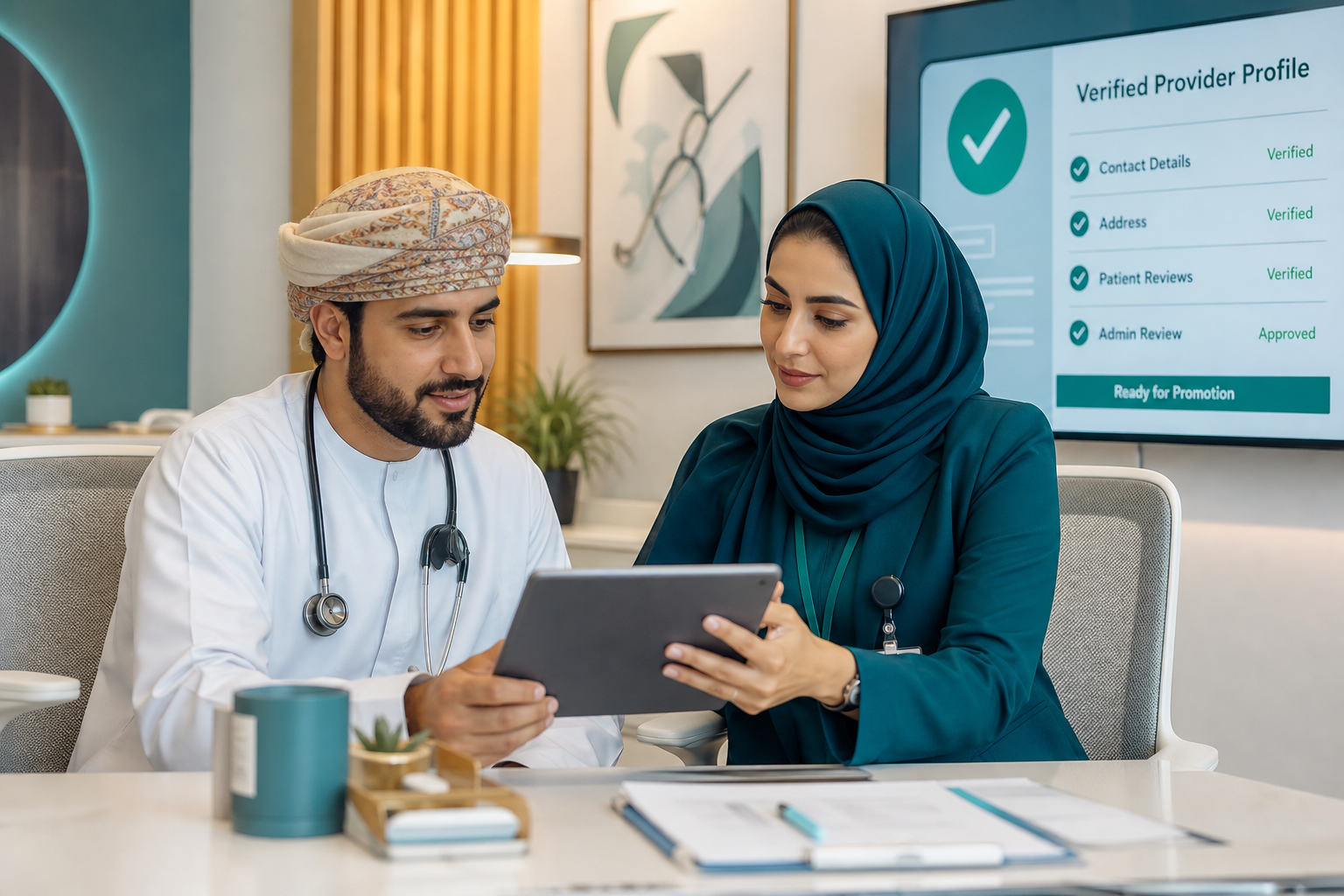 Doctor and clinic administrator reviewing provider profile quality before promotion